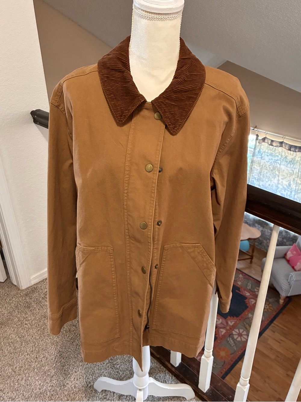 Old Navy Tan Canvas Barn Jacket with Dark Brown Corduroy Collar